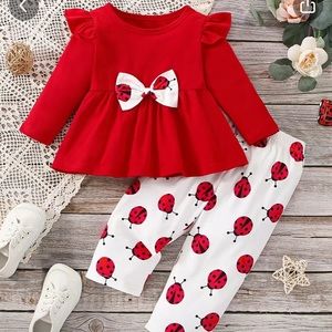 2pcs/Set Baby Girls Flying Sleeve Long Sleeve Bow Top & Ladybug Print Pants